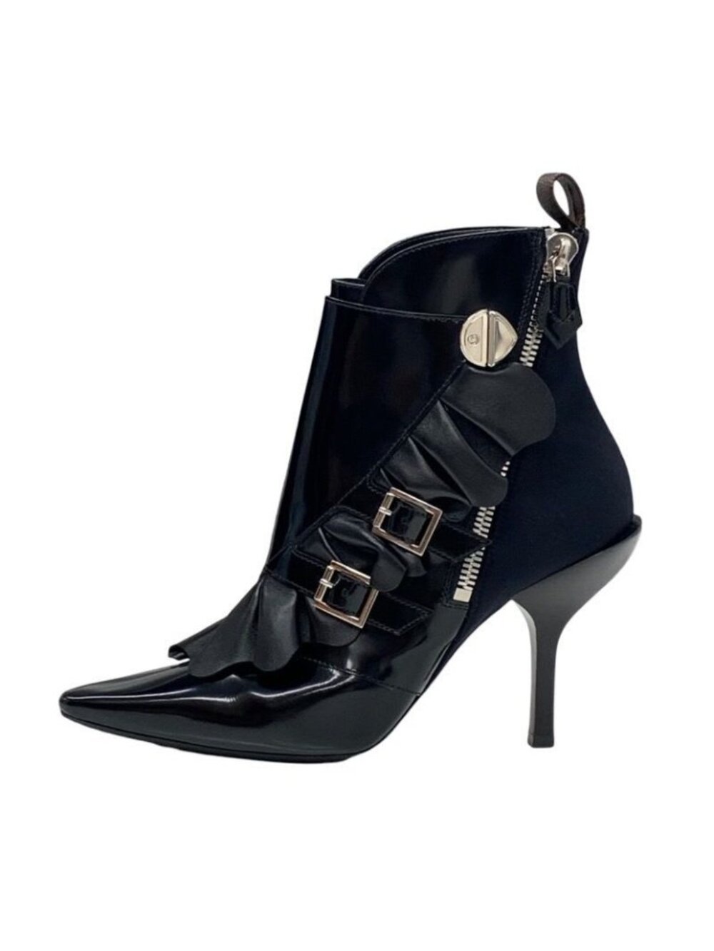 Louis Vuitton Boots Short Shoes Leather Fabric Black Silver Belt Ruffle - Picture 3 of 9